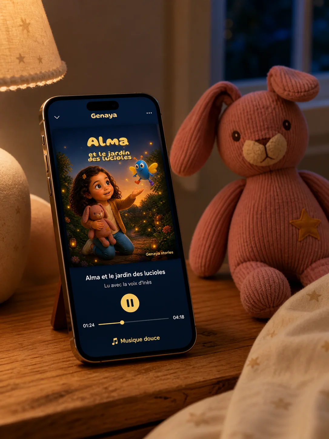 Histoire d’Alma écoutée sur téléphone avec la voix de sa maman et une musique douce