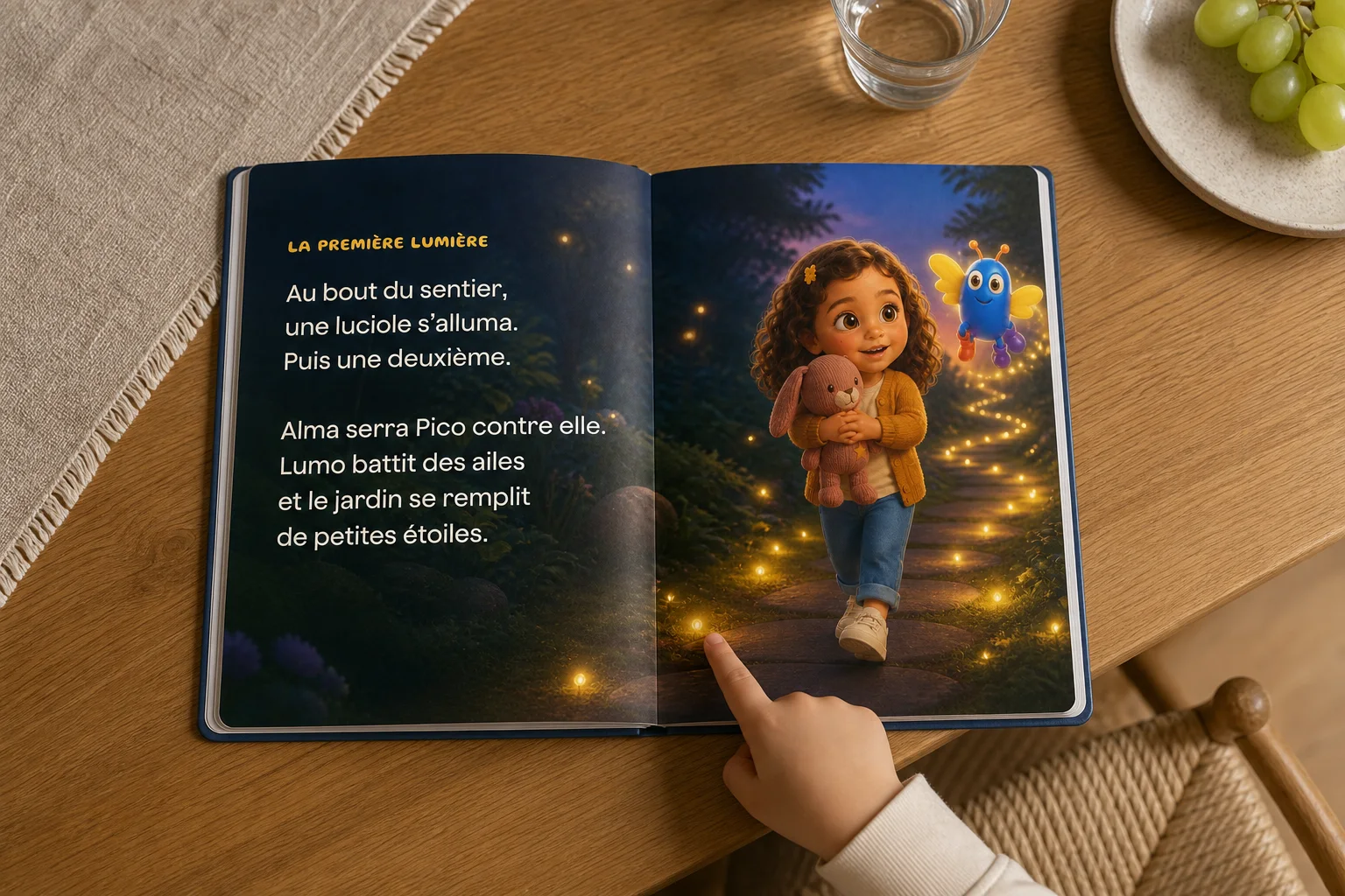 Livre A5 Genaya ouvert sur l’histoire personnalisée d’Alma, Pico et Lumo