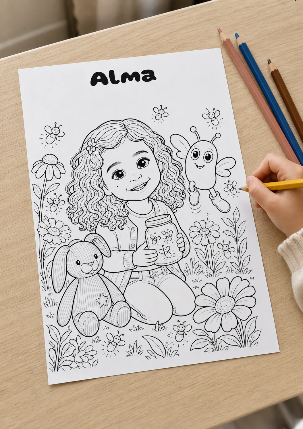 Page de coloriage A4 personnalisée au prénom d’Alma