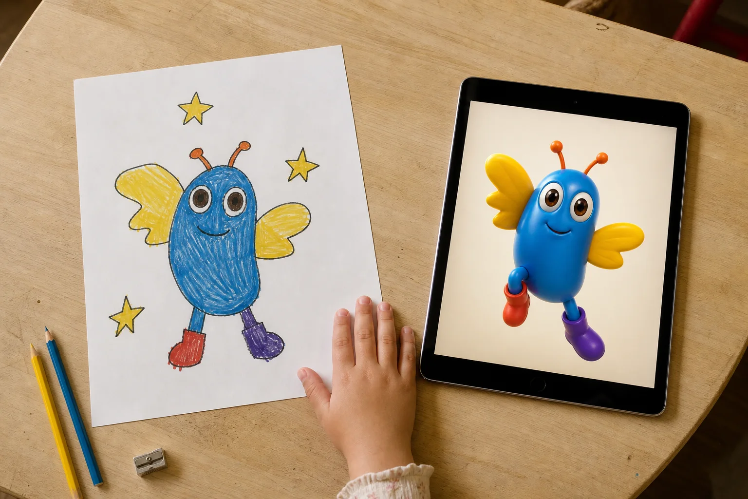 Le dessin de Lumo par Alma et le héros 3D créé par Genaya