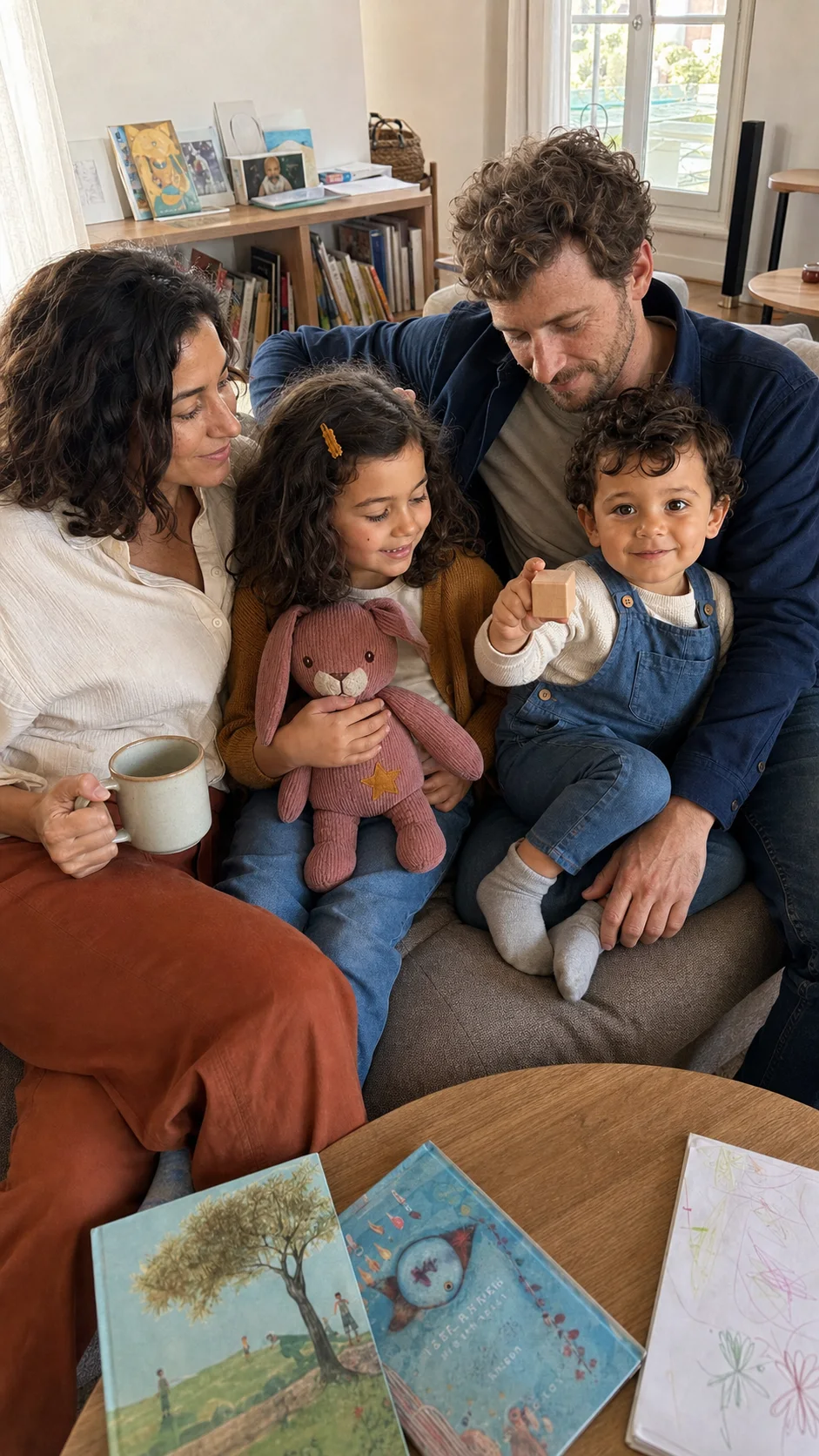 Alma, Nino, Inès et Jules réunis à la maison avec Pico